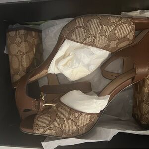 Coach Marla Signature Print Logo Chunky Heel Sandal in Khaki
